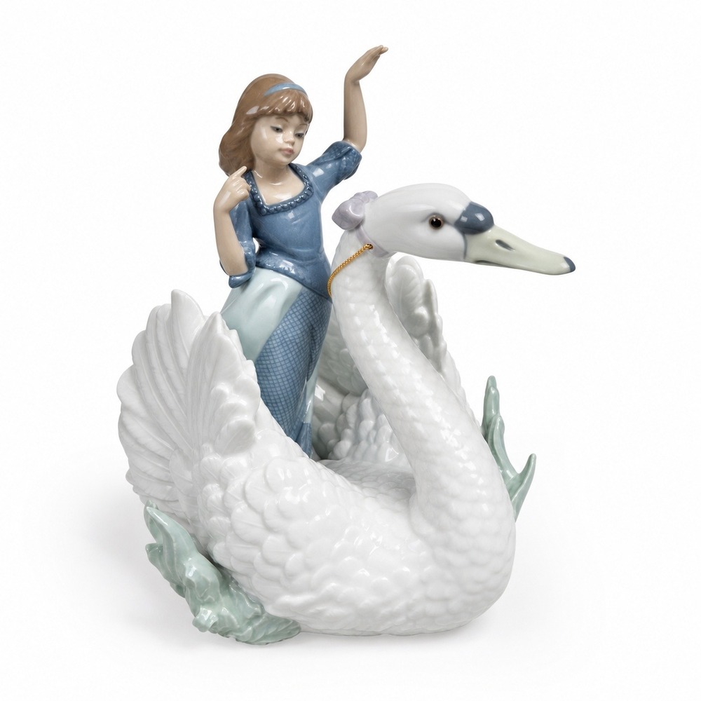 Lladro The Swan and the Princess Porcelain Figurine Blue White Large Collectible